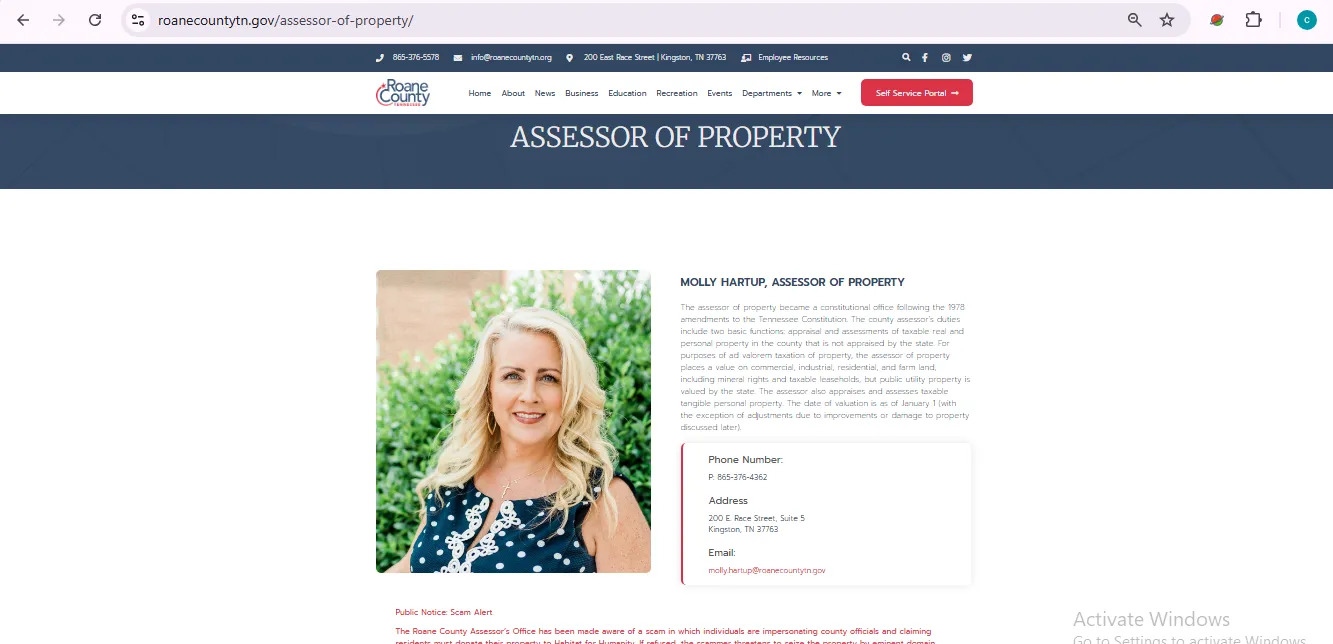 Roane County Tennessee property assessor search page showing TN Property Viewer owner address and parcel lookup options