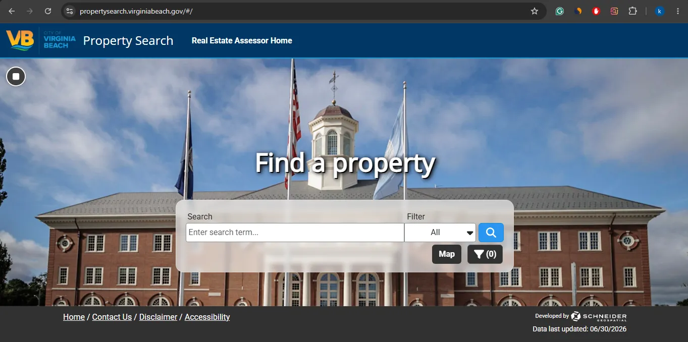 Virginia Beach property assessment search showing its search field, filter menu, search button and map button